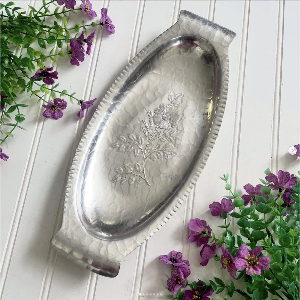 Vintage Continental Silver Brilliantone Wild Rose Hammered Aluminum Tin Tray